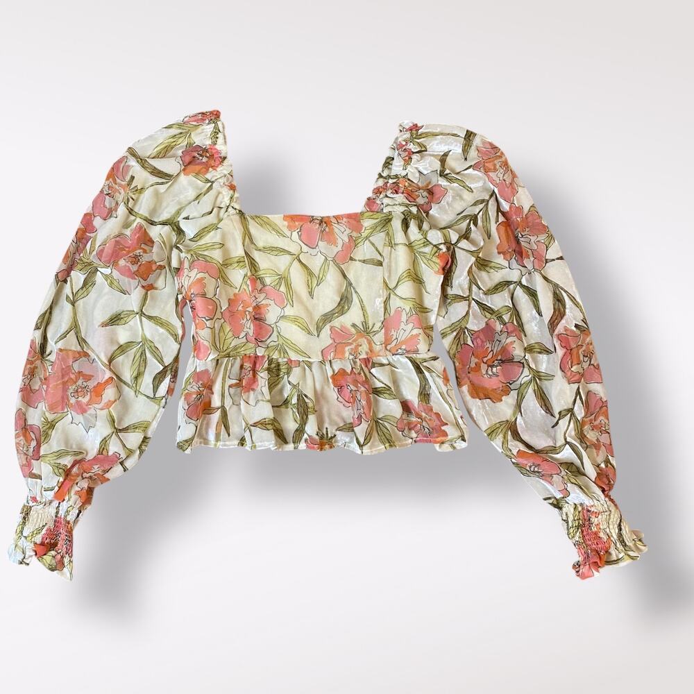 Moodie Floral Smocked Blouse‎ Womens Size XS Cottage Core Cream Pink